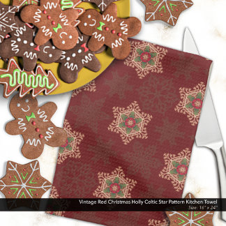 Vintage Red Christmas Holly Celtic Star Pattern Kitchen Towel