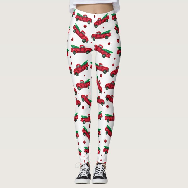 Vintage Red Christmas Tree Truck Leggings (Front)