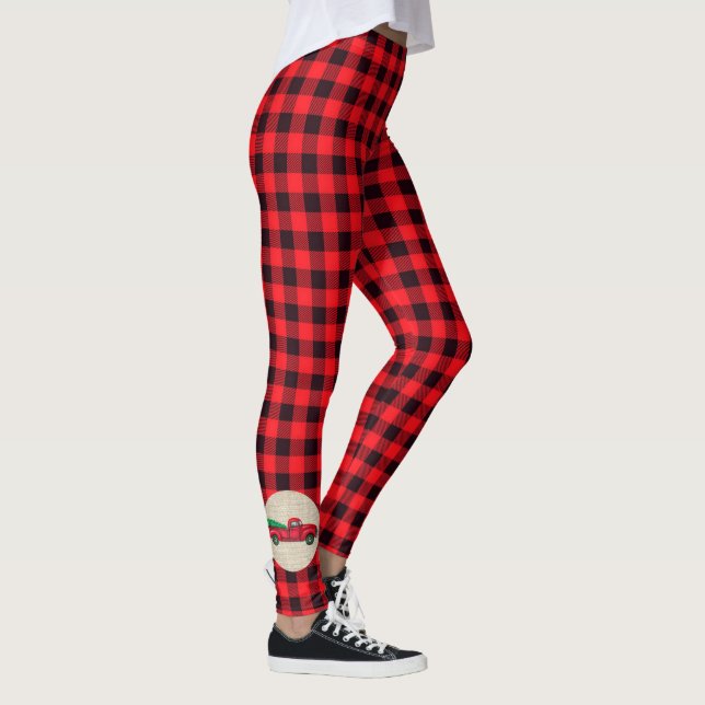 Vintage Red Christmas Tree Truck Plaid Leggings (Right)