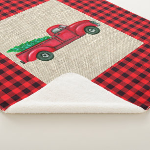 Vintage Red Christmas Tree Truck Sherpa Blanket