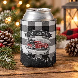 Vintage Red Christmas Truck Black White Plaid Can Cooler