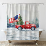 Vintage Red Christmas Truck Christmas Tree Flag<br><div class="desc">Vintage red Christmas truck with a Christmas tree and American flag Christmas shower curtain is a festive way to show your love for America and celebrate the holidays.</div>