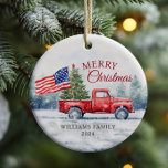 Vintage Red Christmas Truck Christmas Tree Flag Ceramic Ornament<br><div class="desc">Vintage red Christmas truck with a Christmas tree and American flag Christmas card is a festive way to show your love for America and sending holiday wishes to your friends and family.</div>