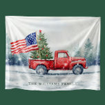 Vintage Red Christmas Truck Christmas Tree Flag Fleece Blanket<br><div class="desc">Vintage red Christmas truck with a Christmas tree and American flag Christmas card is a festive way to show your love for America.</div>