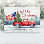 Vintage Red Christmas Truck Christmas Tree Flag Holiday Card<br><div class="desc">Vintage red Christmas truck with a Christmas tree and American flag Christmas card is a festive way to show your love for America and sending holiday wishes to your friends and family.</div>