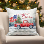 Vintage Red Christmas Truck Christmas Tree Flag Throw Pillow<br><div class="desc">Vintage red Christmas truck with a Christmas tree and American flag Christmas card is a festive way to show your love for America and sending holiday wishes to your friends and family.</div>
