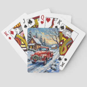 Vintage Red Christmas Truck on Snowy Country Road Playing Cards