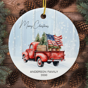 Vintage Red Christmas Truck Personalized USA Flag Ceramic Ornament