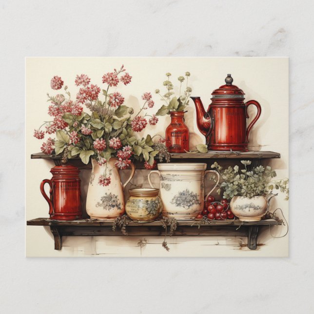  Vintage  Red Country Kitchen  Postcard (Front)
