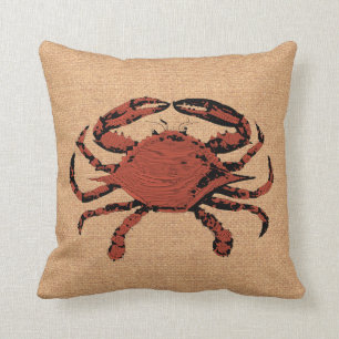 Vintage Red Crab Illustration - Nautical Burlap Throw Pillow