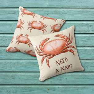 Vintage Red Crab Reversible Crabby Need a Nap Throw Pillow