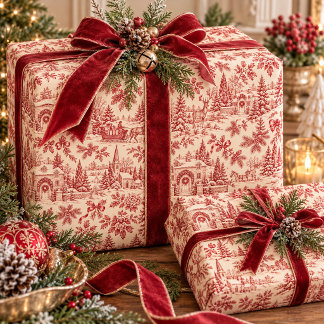Vintage Red & Cream Christmas Toile Gift Wrap
