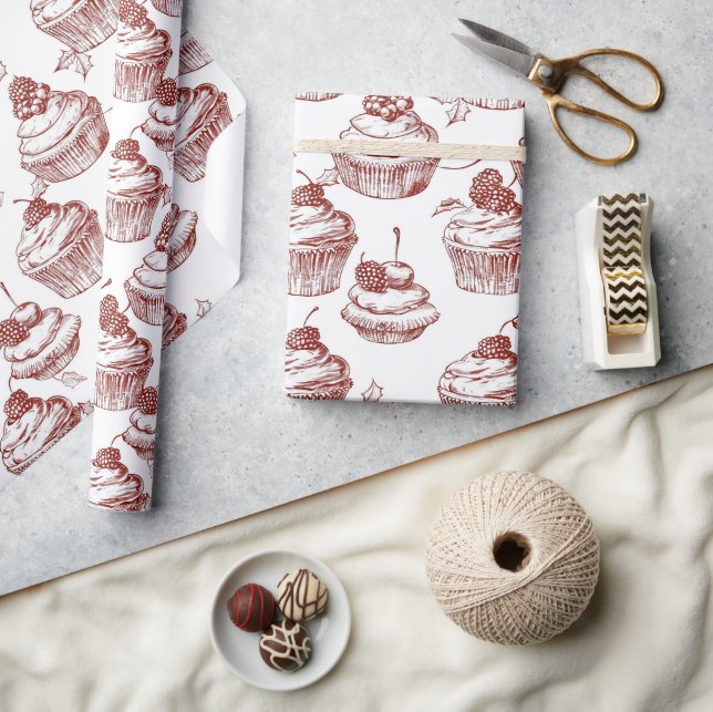 Vintage Red Cupcake Christmas Wrapping Paper (Crafts)