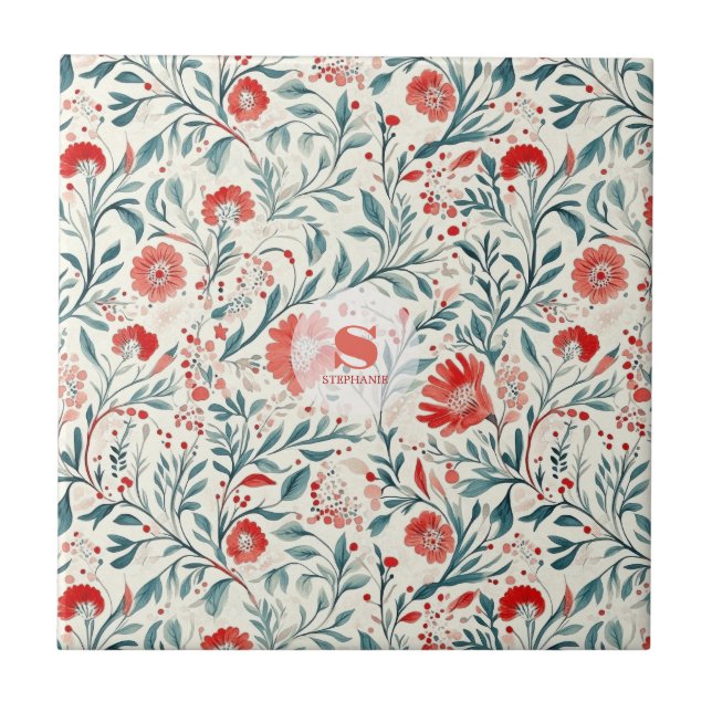 Vintage Red Daisy Floral Pattern - Botanical Tile (Front)