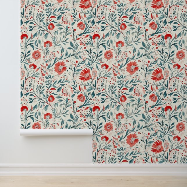 Vintage Red Daisy Floral Pattern - Botanical Wallpaper (Application)