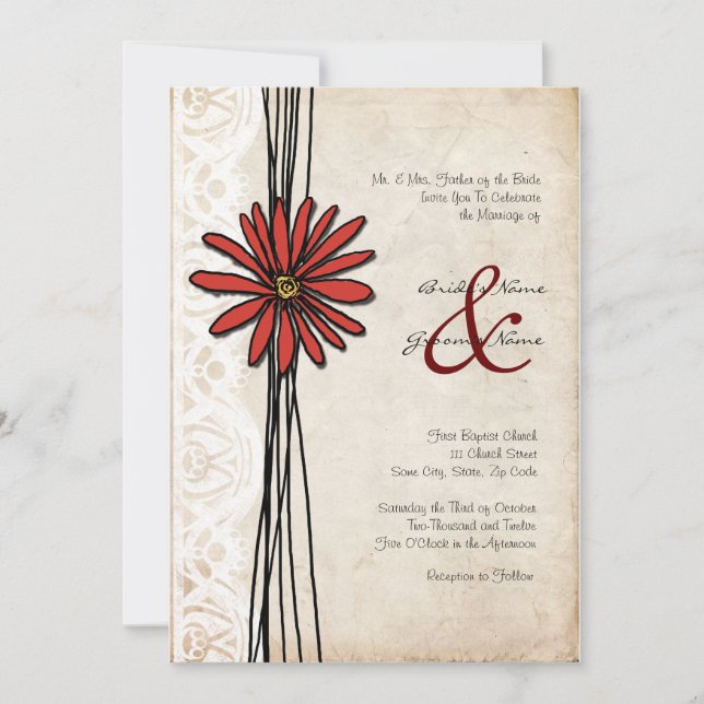 Vintage Red Daisy Wedding Invitation (Front)