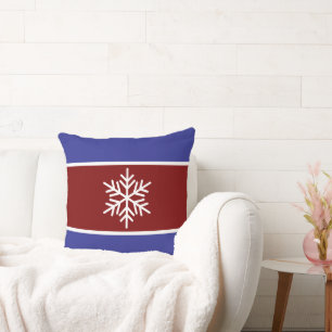 Vintage Red Deep Blue White Stripes Snowflake Throw Pillow