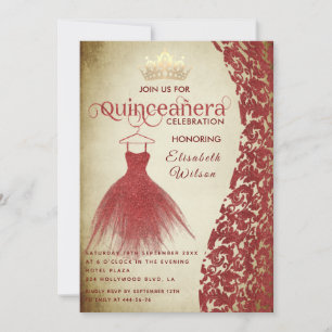 Vintage red dress damask gold tiara Quinceañera  Invitation