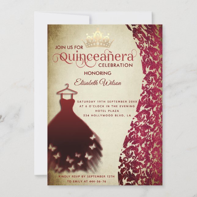 Vintage red dress damask gold tiara Quinceañera  Invitation (Front)