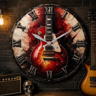 Vintage Red Electric Classic Rock Guitar Art Large Clock