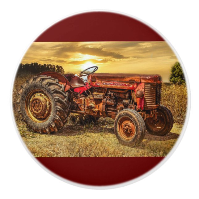 Vintage Red Farm Tractor Ceramic Knob (Front)