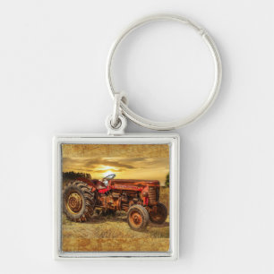 Vintage Red Farm Tractor Keychain