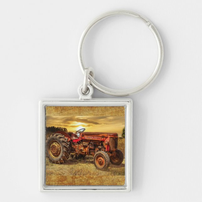 Vintage Red Farm Tractor Keychain (Front)