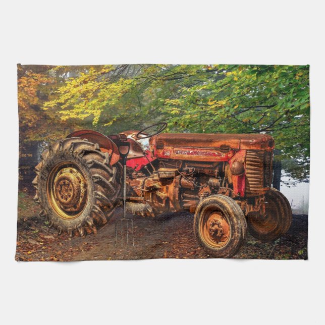 Vintage Red Farm Tractor Kitchen Towel (Horizontal)