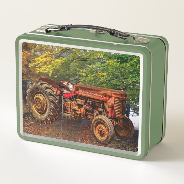 Vintage Red Farm Tractor Metal Lunch Box (Back)