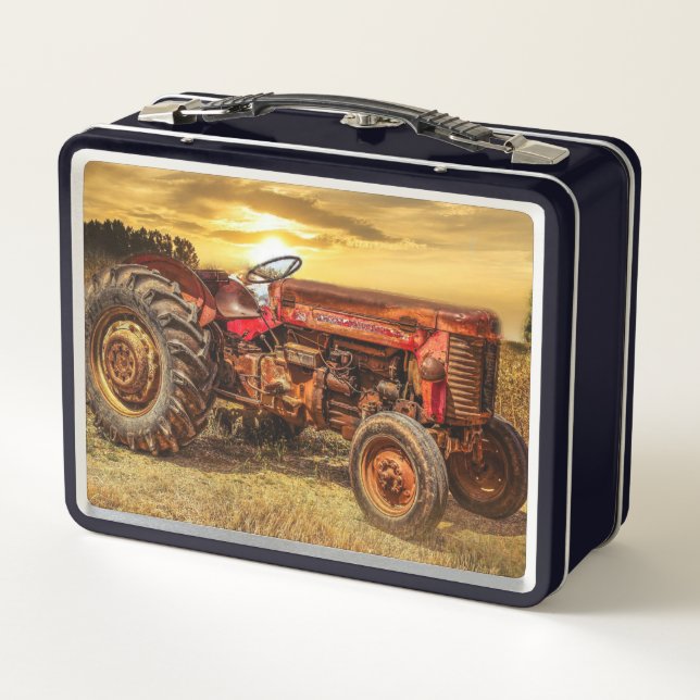 Vintage Red Farm Tractor Metal Lunch Box (Back)