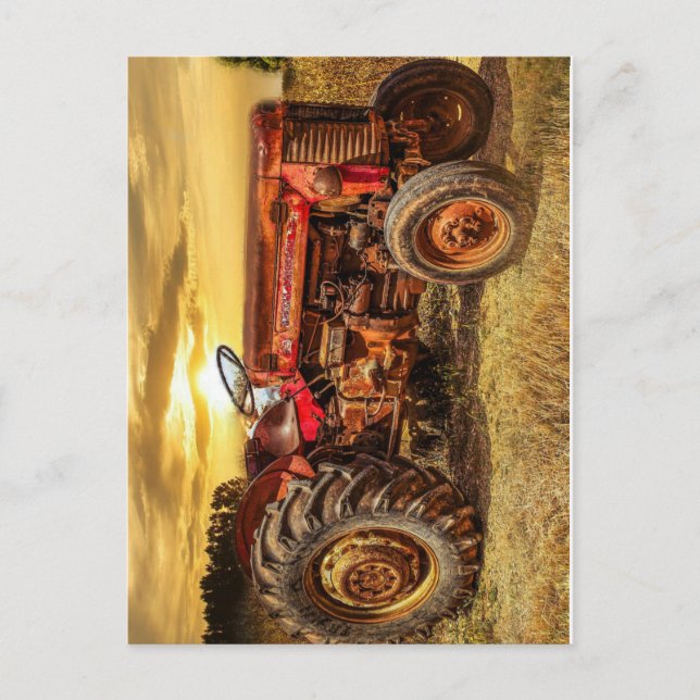 Vintage Red Farm Tractor Postcard (Front)
