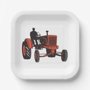 Vintage Red Farm Tractor Retro Farmer Paper Plate
