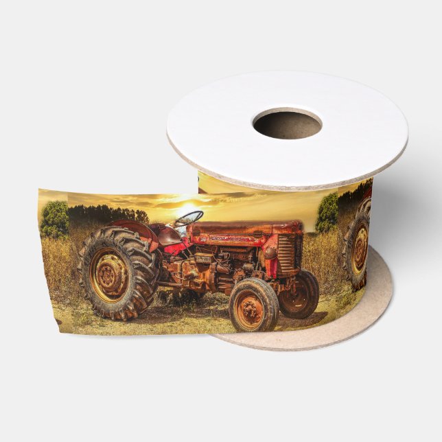 Vintage Red Farm Tractor Satin Ribbon (Spool)