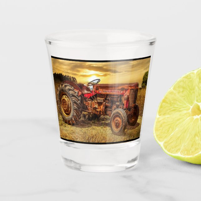 Vintage Red Farm Tractor Shot Glass (Front)