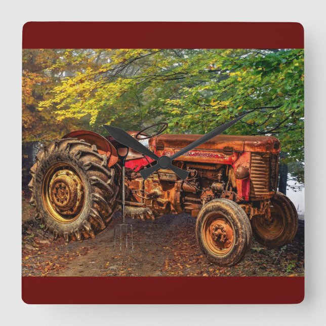 Vintage Red Farm Tractor Square Wall Clock (Front)