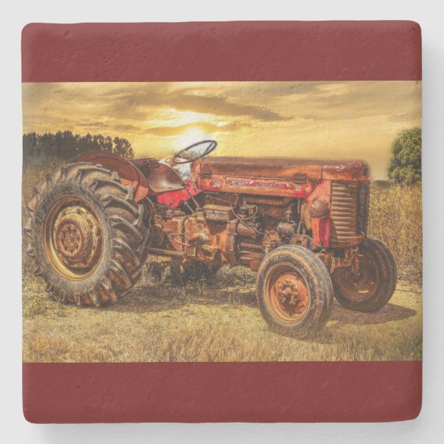 Vintage Red Farm Tractor Stone Coaster (Front)