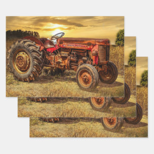 Vintage Red Farm Tractor Wrapping Paper Sheet