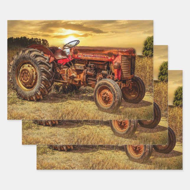 Vintage Red Farm Tractor Wrapping Paper Sheet (Set)