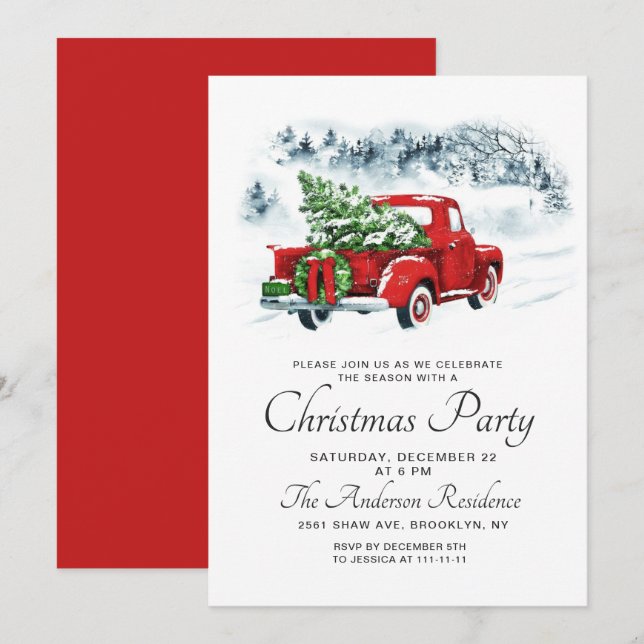 Vintage Red Farm Truck Christmas Holiday Party Invitation (Front/Back)