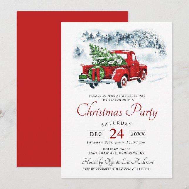 Vintage Red Farm Truck Christmas Holiday Party Invitation (Front/Back)