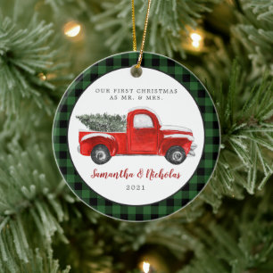 Vintage Red Farm Truck First Christmas Mr & Mrs Ceramic Ornament