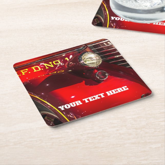 Vintage Red Fire Engine Square Paper Coaster (Angled)