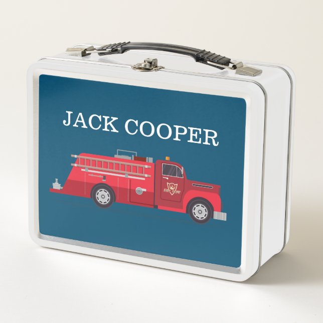 Vintage Red Fire Truck Metal Lunch Box (Front)