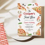 Vintage Red First Slice Pizza 1st Birthday Invitation<br><div class="desc">Vintage Red First Slice Pizza 1st Birthday Invitation Cute pizza themed first birthday invitation featuring various pizza slices, tomatoes, mushrooms, basil, olives and onions. This boy's first slice first birthday invitation also features a dark red gingham pattern on the back and is ideal for a pizza themed first birthday party....</div>