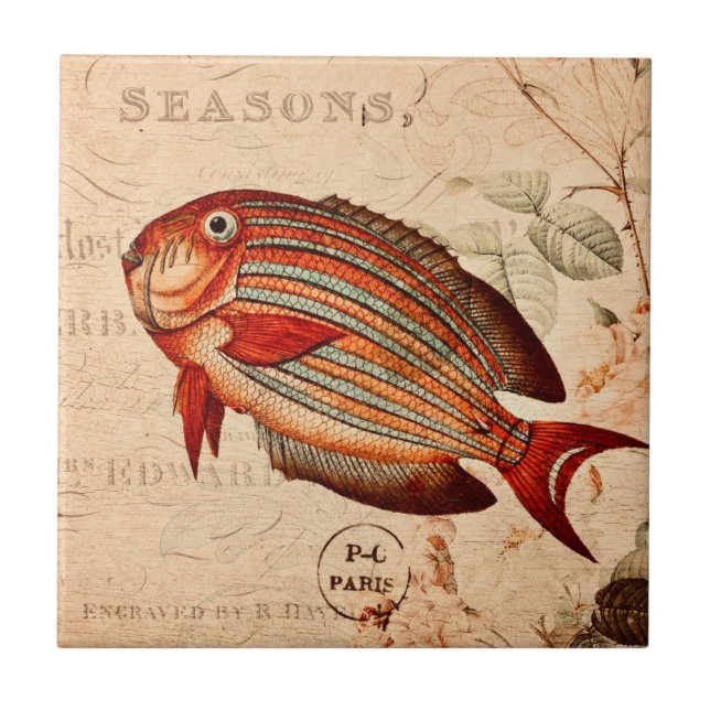 Vintage Red Fish Floral Illustration Tile (Front)
