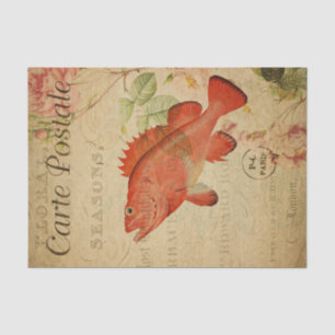 Vintage Red Fish Roses French Ephemera Decoupage T Tissue Paper