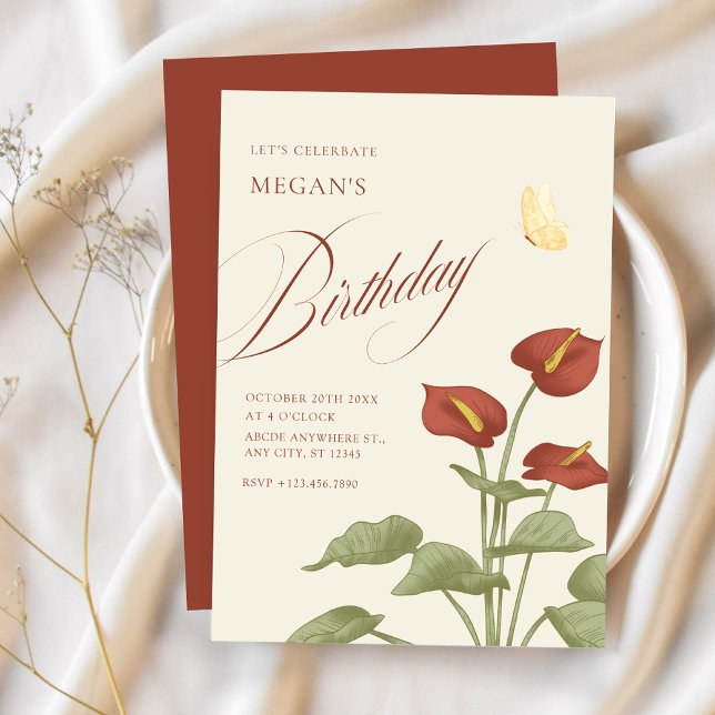 Vintage red floral botanical birthday invitation (Creator Uploaded)