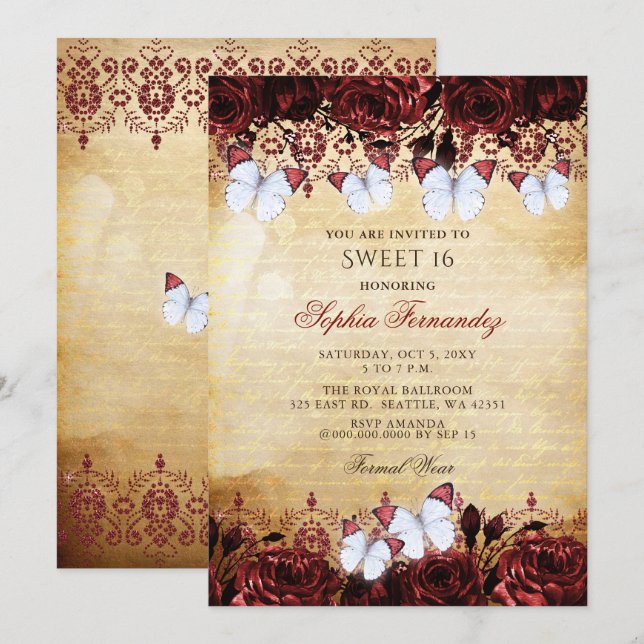 Vintage Red Floral Butterfly Sweet 16 Invitation (Front/Back)