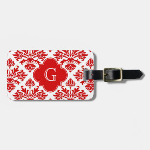 Vintage Red Floral Damask #3 with Monogram LG Luggage Tag