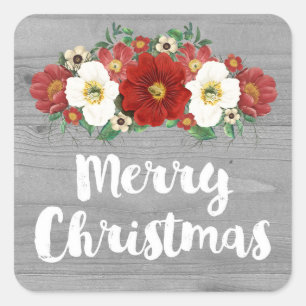 Vintage Red Floral Grey Wood Merry Christmas Square Sticker
